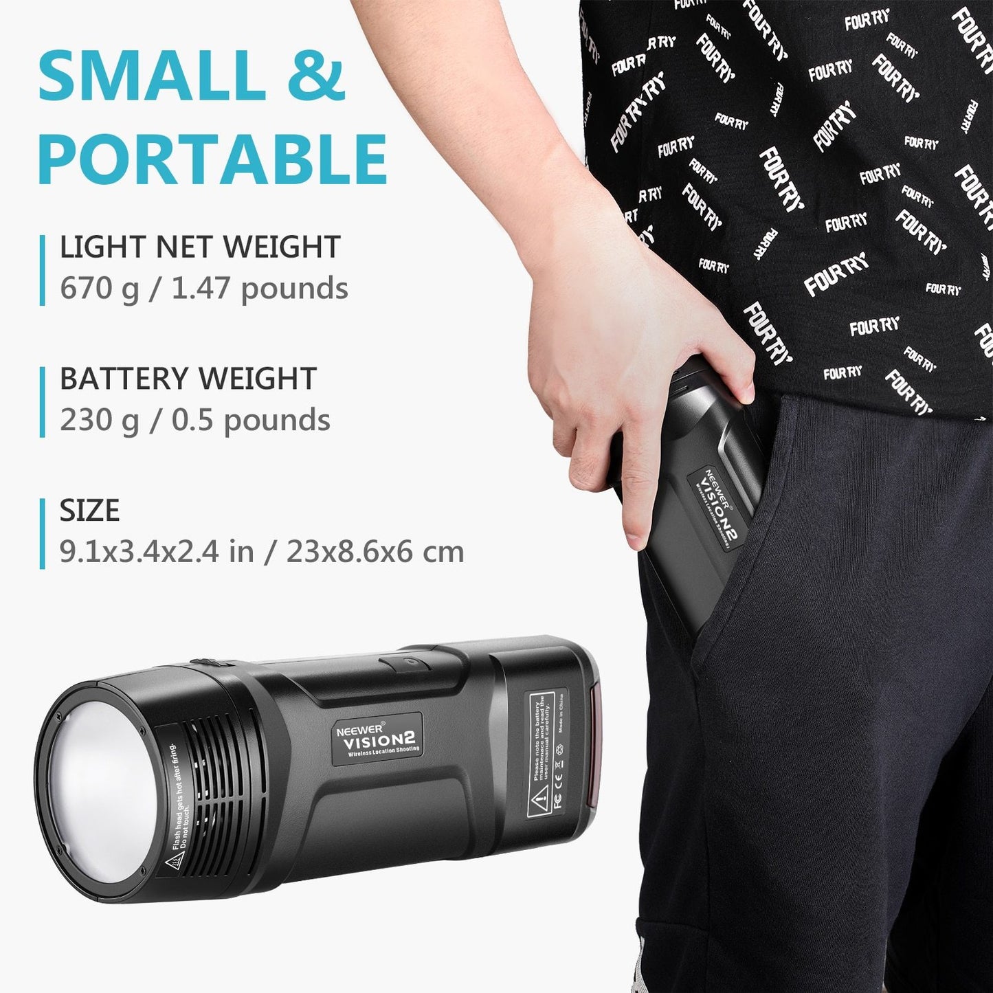 Person holding a small flashlight with product details on a white background
