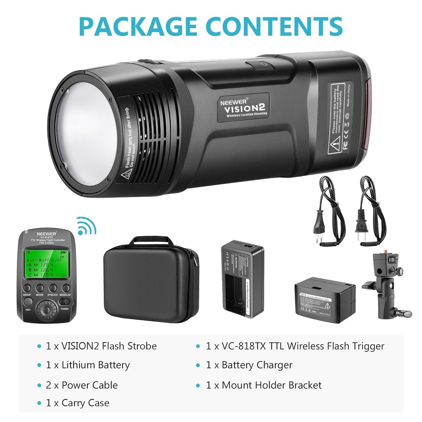 Neewer Vision2 flash strobe package with accessories on a white background