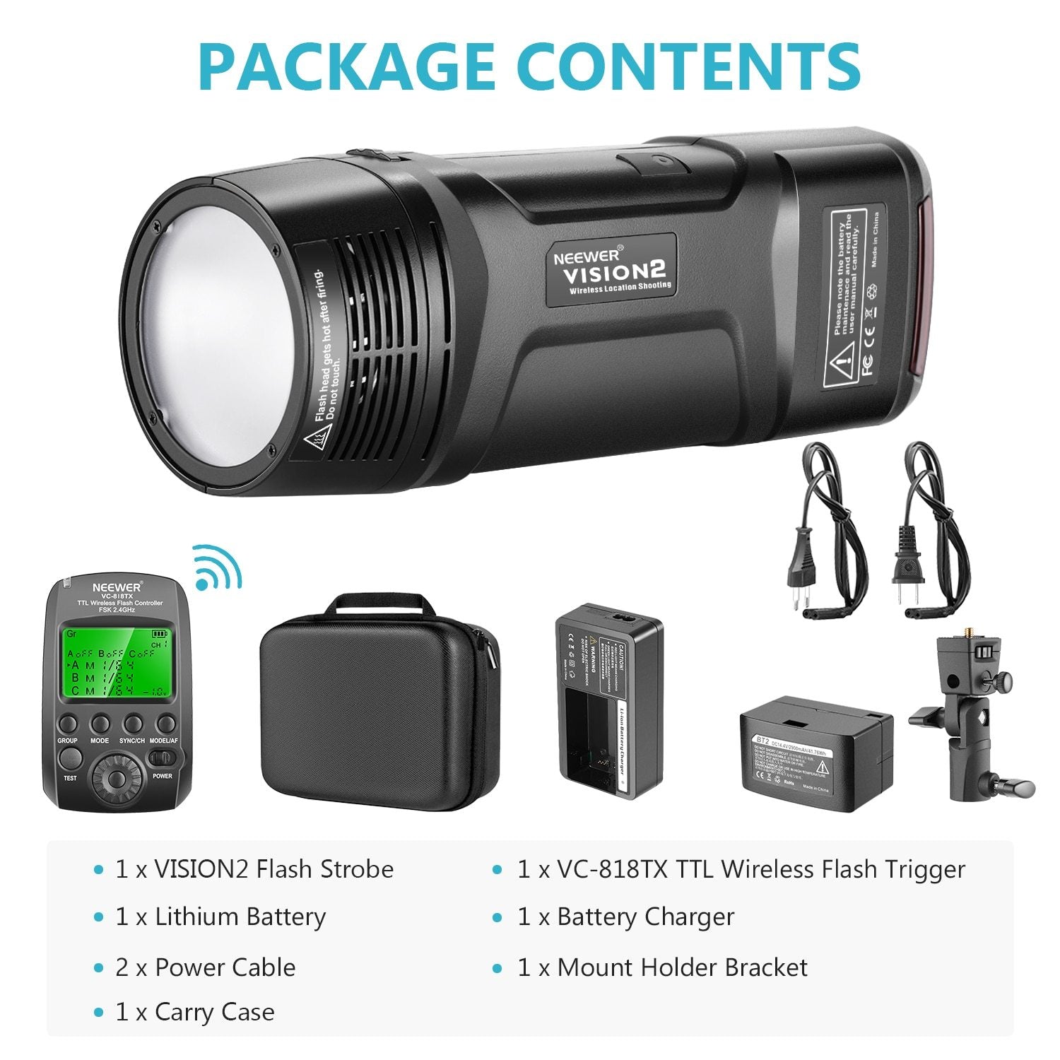 Neewer Vision2 flash strobe package with accessories on a white background