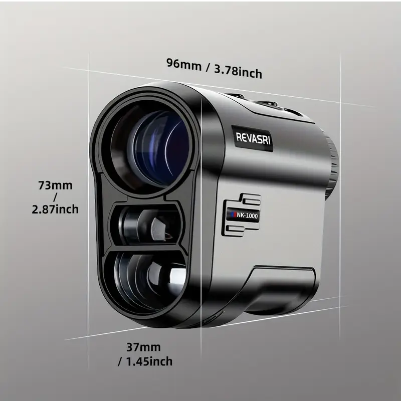 Revasri laser rangefinder with dimensions labeled on a gray background