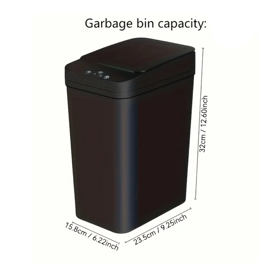 Black garbage bin with dimensions labeled on a white background