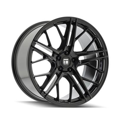 A single black multi-spoke alloy wheel rim shown at a three-quarter angle on a clean white background.