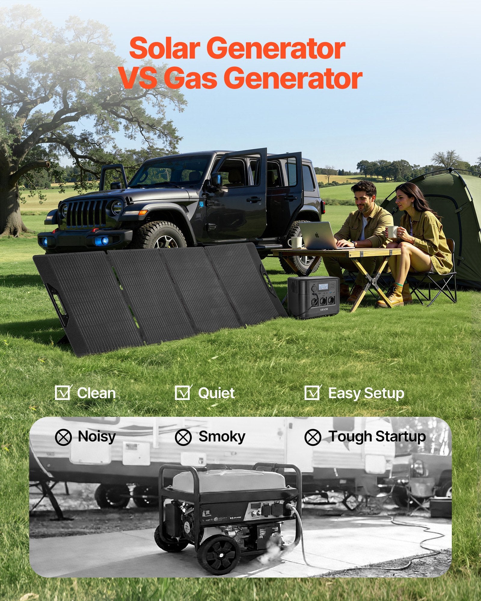 Comparison of solar generator and gas generator with a Jeep and people using a laptop outdoors.