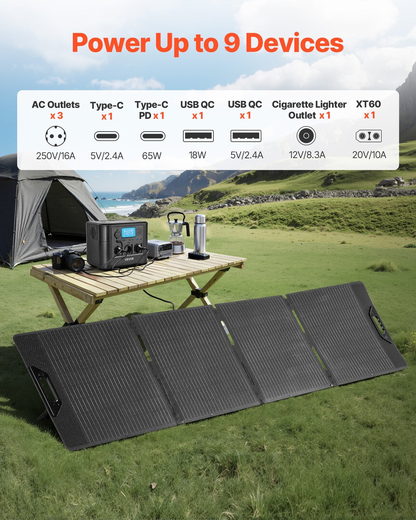 Solar panel with power outlets on a camping setup with a tent and table in the background.