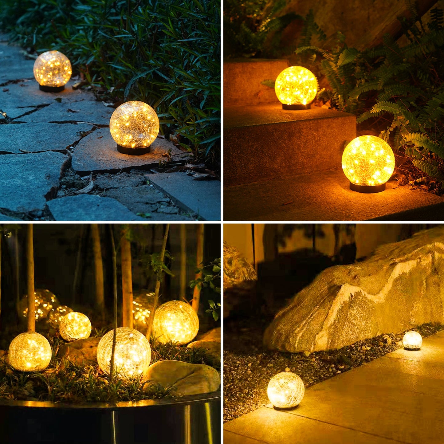 Collage of solar garden lights in various outdoor settings