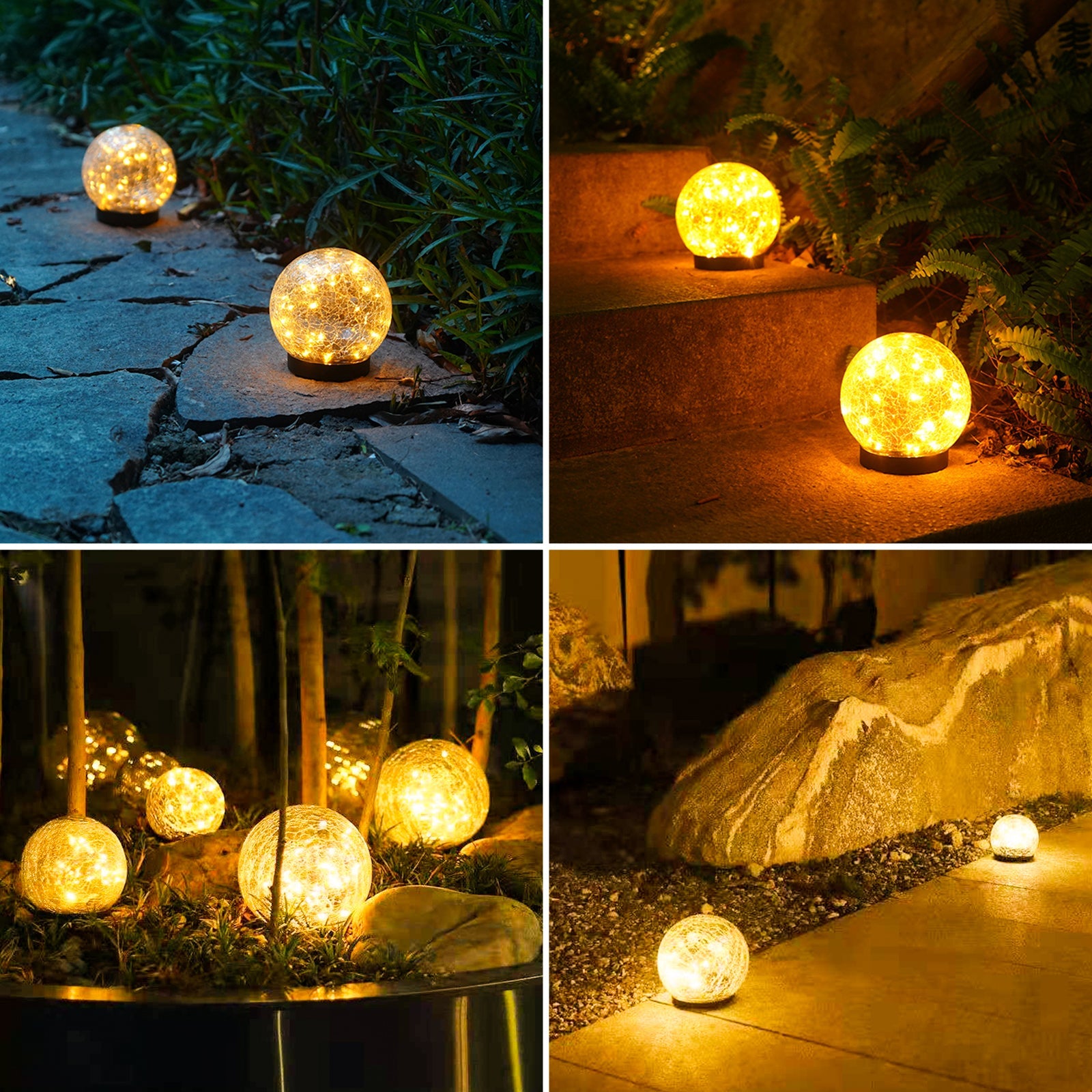 Collage of solar garden lights in various outdoor settings