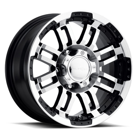 Chrome and black alloy wheel on a white background.  Best automotive parts and accessory online shop. Axis-Dynamics.