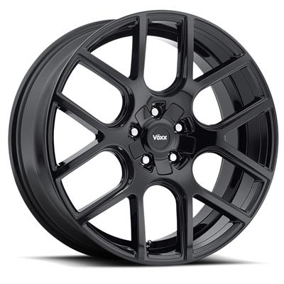 A glossy black multi-spoke alloy wheel rim with a Voox logo in the center, shown at a three-quarter angle on a white background.  Best automotive parts and accessory online shop. Axis-Dynamics.