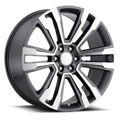 A multi-spoke alloy wheel rim with a two-tone finish of glossy black and polished silver, shown at a three-quarter angle on a white background.  Best automotive parts and accessory online shop. Axis-Dynamics.