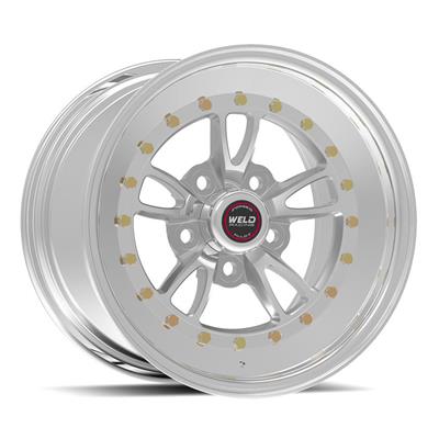 A polished silver alloy wheel rim with a multi-spoke design, featuring a red and white center cap with the WELD logo.